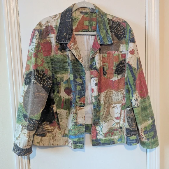 VTG 90s Chico's Utility Graffiti Cotton Jacket - Picture 1 of 14